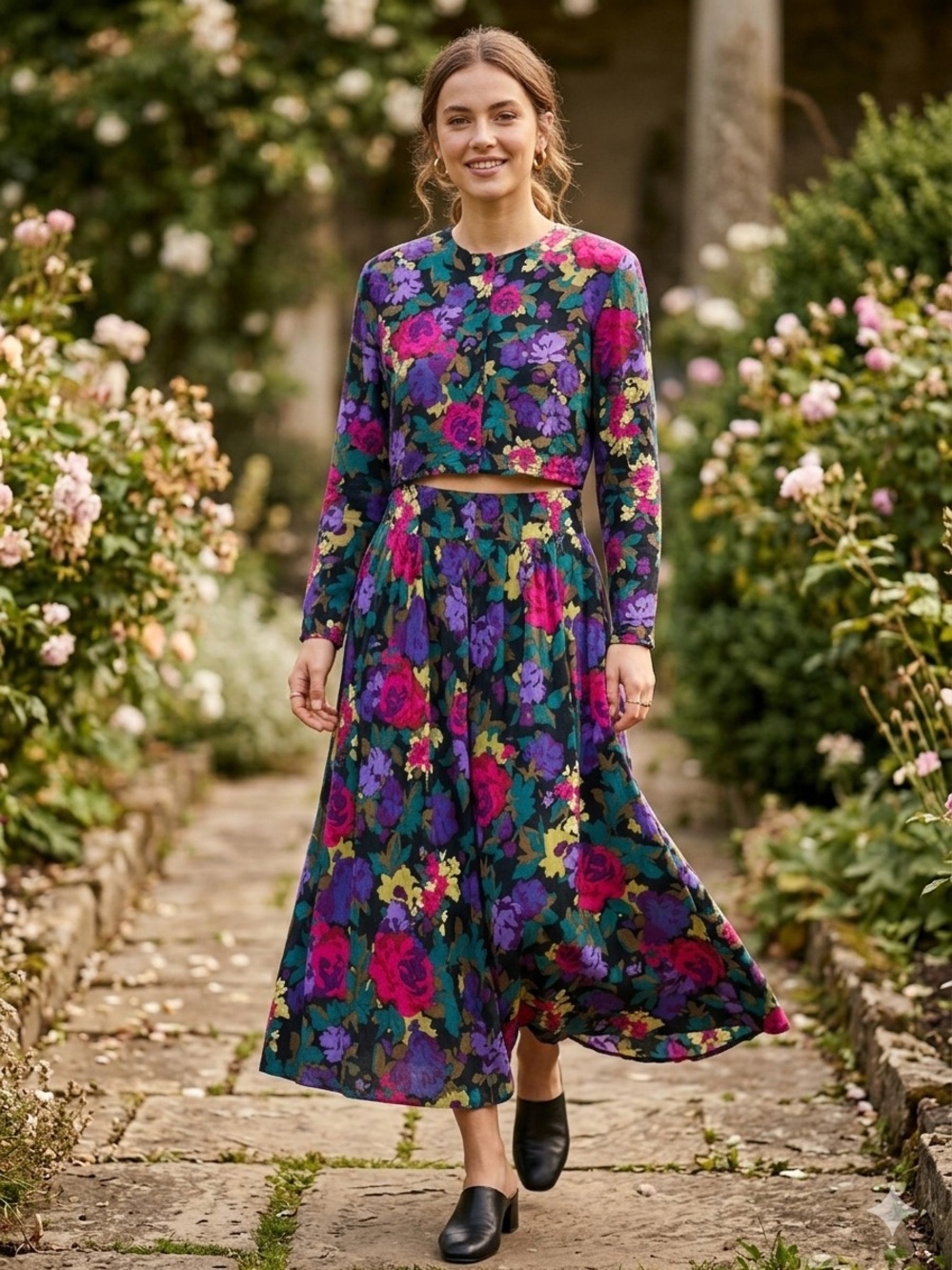 Dennis Goldsmith Vintage Floral 2 Piece Top& Skirt Set Women’s 8